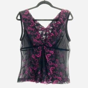 Sheer Mesh Tank S Embroidered Floral Velvet Trim Burgundy Black Sexy Intimate